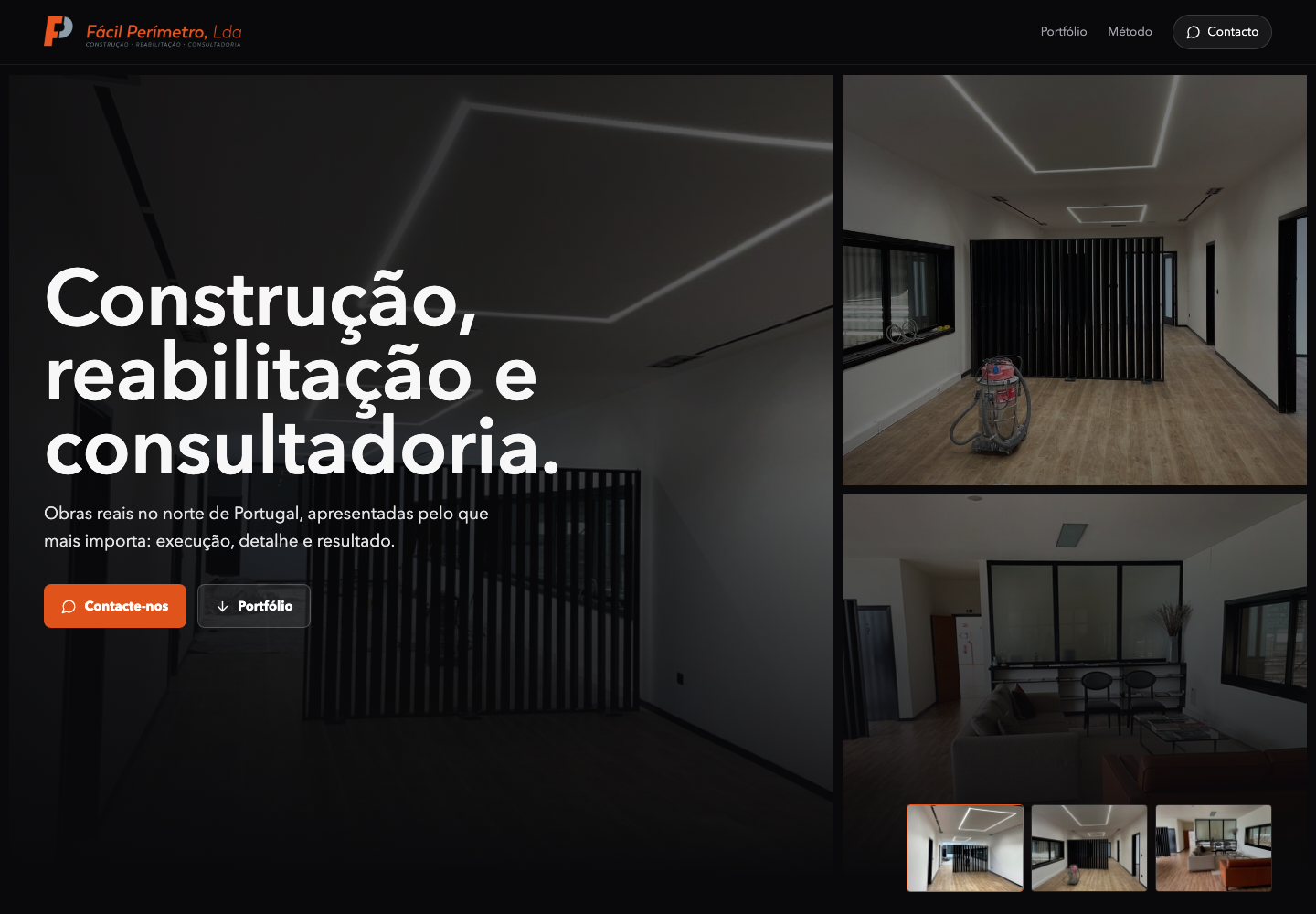 Website da Fácil Perímetro, com portefólio de construção e reabilitação